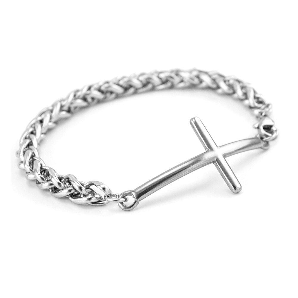 Link Braided Stainless Steel New Cross Charm Wheat Design Religious Mens Bracelets Bangles - The Jewellery Supermarket