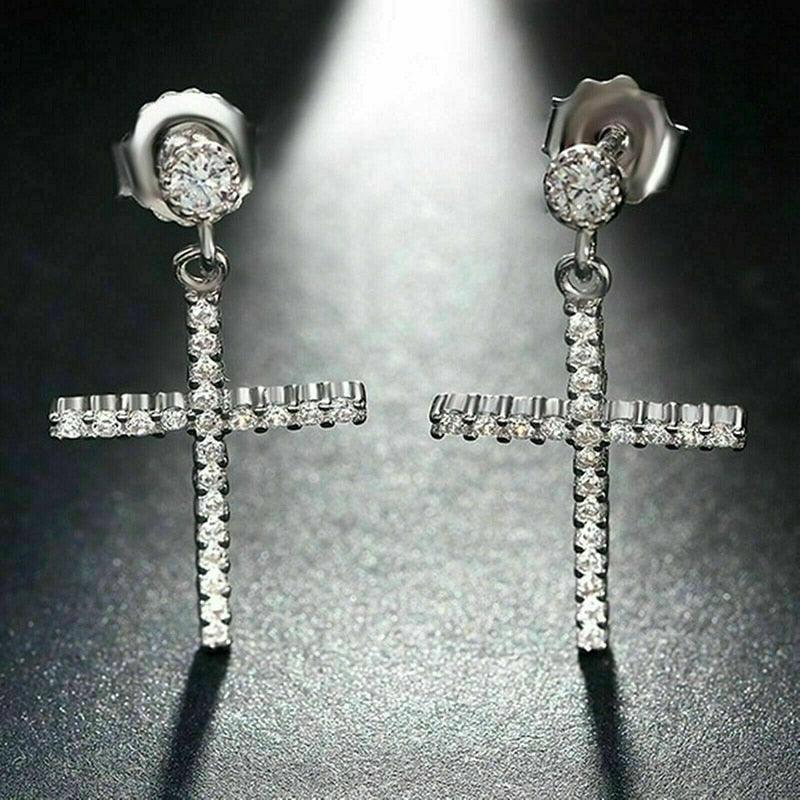 BEST GIFTS - Luxury Inlay AAA+ Cubic Zirconia Diamonds Delicate Silver Color Cross Earrings - The Jewellery Supermarket