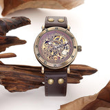 NEW - Mens Gold Mechanical Skeleton Steampunk Genuine Leather Watch - The Jewellery Supermarket