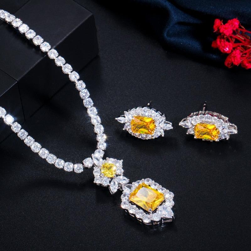 NEW ARRIVAL Shiny Yellow AAA+ Cubic Zirconia Diamonds Round Tennis Necklace and Earrings Set for Women - The Jewellery Supermarket