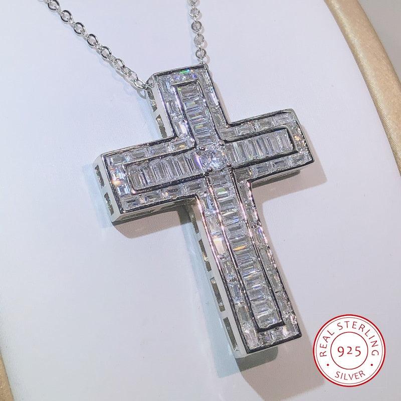 Luxury Silver Cross Princess Cut AAA+ Cubic Zirconia Diamonds Pendant Necklace - Christian Fashion  Jewellery - The Jewellery Supermarket
