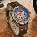 NEW - Mens Gold Mechanical Skeleton Steampunk Genuine Leather Watch - The Jewellery Supermarket