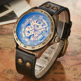 NEW - Mens Gold Mechanical Skeleton Steampunk Genuine Leather Watch - The Jewellery Supermarket