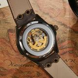 NEW - Mens Gold Mechanical Skeleton Steampunk Genuine Leather Watch - The Jewellery Supermarket