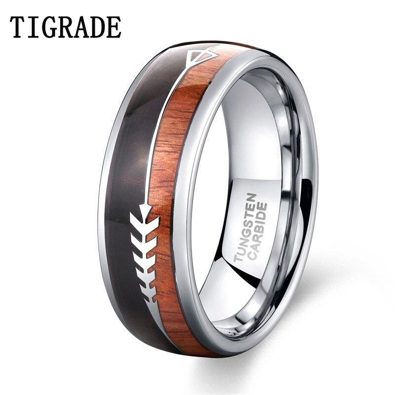 Silver Colour Wood and Arrow Design Dome Style High Quality Tungsten Ring For Wedding Engagement - The Jewellery Supermarket
