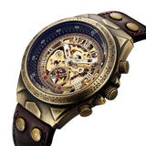 NEW - Mens Gold Mechanical Skeleton Steampunk Genuine Leather Watch - The Jewellery Supermarket