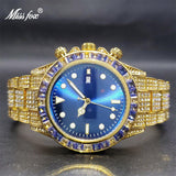 Luxurious Iced Out Full Simulated Diamonds Gold Royal Blue Luminous Stainless Steel Bracelet Quartz Watch - The Jewellery Supermarket