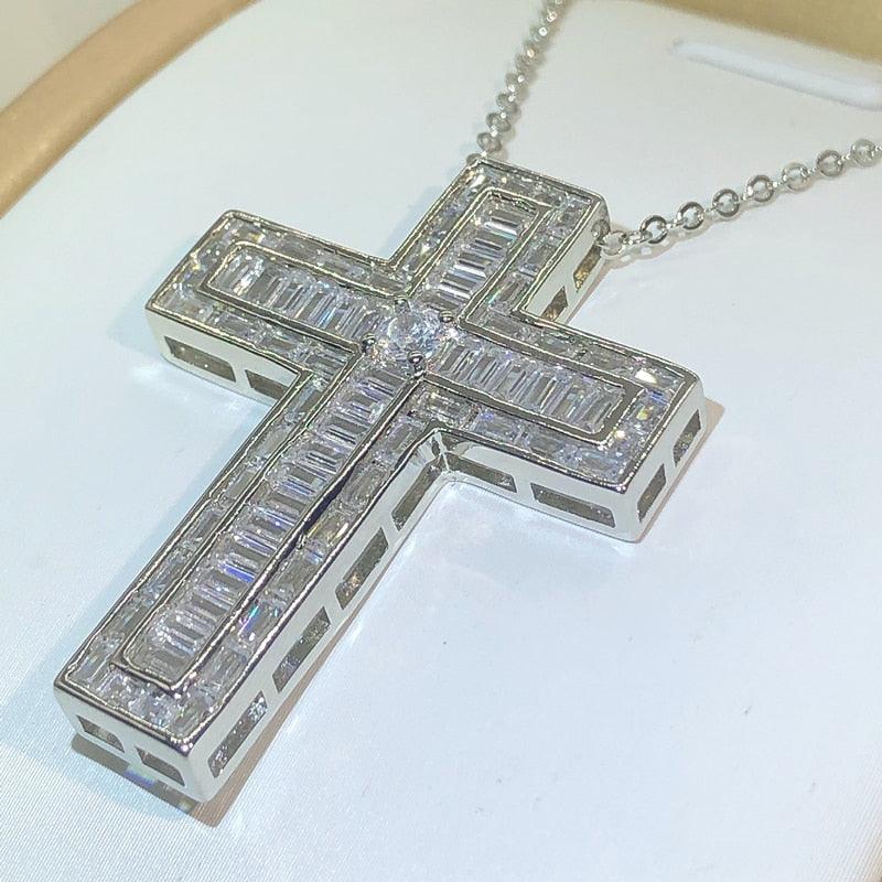 Luxury Silver Cross Princess Cut AAA+ Cubic Zirconia Diamonds Pendant Necklace - Christian Fashion  Jewellery - The Jewellery Supermarket
