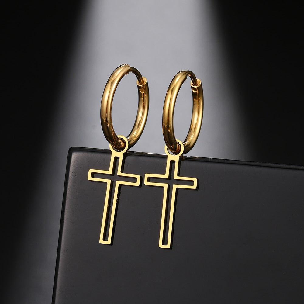 NEW New Gothic Cross Gold and Silver Plated Hoops Stainless Steel Charming Earrings - The Jewellery Supermarket