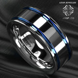 New Arrival 8mm Double Blue Stripe Men's Tungsten Carbide ring - Comfort Fit Wedding Rings