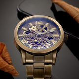 NEW - Mens Gold Mechanical Skeleton Steampunk Genuine Leather Watch - The Jewellery Supermarket