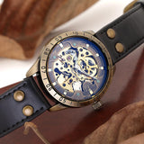 NEW - Mens Gold Mechanical Skeleton Steampunk Genuine Leather Watch - The Jewellery Supermarket