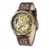 NEW - Mens Gold Mechanical Skeleton Steampunk Genuine Leather Watch - The Jewellery Supermarket