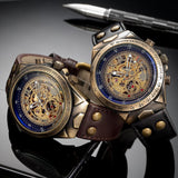 NEW - Mens Gold Mechanical Skeleton Steampunk Genuine Leather Watch - The Jewellery Supermarket