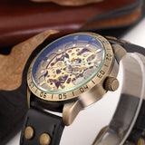 NEW - Mens Gold Mechanical Skeleton Steampunk Genuine Leather Watch - The Jewellery Supermarket