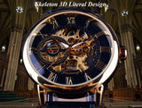 NEW - Luxury Men Gold Hollow Engraving Black Leather Skeleton Mechanical Watches - The Jewellery Supermarket