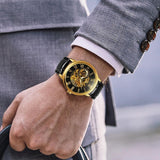 NEW - Luxury Mens Gold Mechanical Skeleton Leather Forsining 3d Hollow Watch - The Jewellery Supermarket