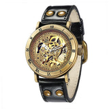 NEW - Mens Gold Mechanical Skeleton Steampunk Genuine Leather Watch - The Jewellery Supermarket