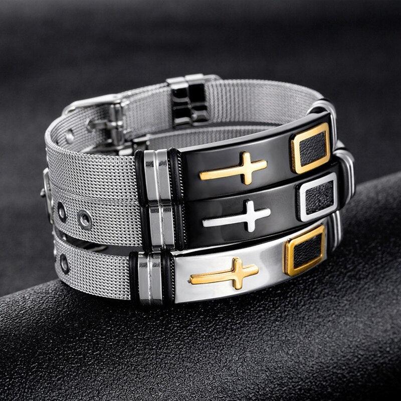 Length Adjustable Stainless Steel Strap Bracelets for Men and Women - Christian Cross Watch Band  - The Jewellery Supermarket
