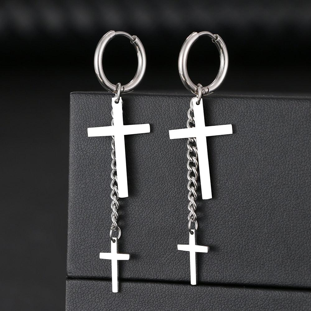 NEW Fashion Gothic Unisex Two Cross Chain Gold Color Stainless Steel Pendant Earrings - The Jewellery Supermarket