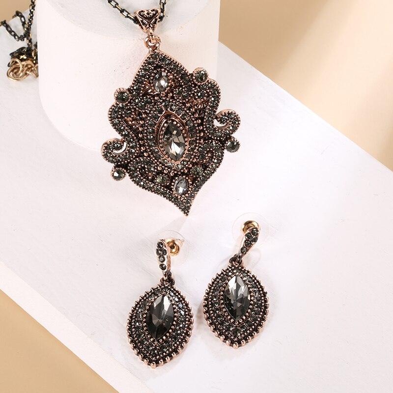 Ethnic Antique Gold Blue Stone Rhinestone Necklace Drop Earring For Women Jewellery Sets - Fashion Jewellery - The Jewellery Supermarket