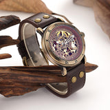 NEW - Mens Gold Mechanical Skeleton Steampunk Genuine Leather Watch - The Jewellery Supermarket