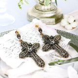 Religious Design Full Rhinestone Antique Gold Color Cross Drop Earring for Women - Christian Belief Jewellery - The Jewellery Supermarket