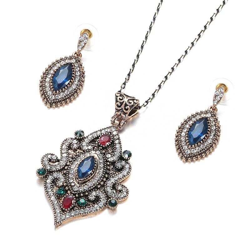 Ethnic Antique Gold Blue Stone Rhinestone Necklace Drop Earring For Women Jewellery Sets - Fashion Jewellery - The Jewellery Supermarket
