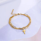 Original Cross Charm Double Layers Bracelets - Stainless Steel Gold Color Religious Christian Jewelry
