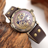 NEW - Mens Gold Mechanical Skeleton Steampunk Genuine Leather Watch - The Jewellery Supermarket