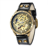 NEW - Mens Gold Mechanical Skeleton Steampunk Genuine Leather Watch - The Jewellery Supermarket