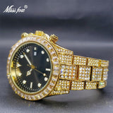 Luxurious Iced Out Full Simulated Diamonds Gold Royal Blue Luminous Stainless Steel Bracelet Quartz Watch - The Jewellery Supermarket