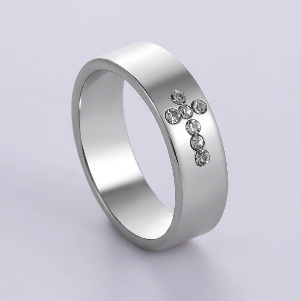 Popular Minimalist Clear AAA Zircon Crystals Cross Women’s Ring Stainless Steel Christian Jewellery - The Jewellery Supermarket