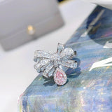 VINTAGE FASHION RING Bow Knot Pink Water Drop Pendant AAA+ Zircon Jewelry Ring - The Jewellery Supermarket