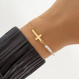 Simple Jesus Cross Adjustable Imitation Pearl Chain Charming Pendant Bracelets for Women - Christian Jewellery - The Jewellery Supermarket