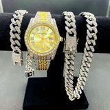 Amazing 3PCS Full Iced Out Men's Cuban Link Chain Bracelet Necklace Bling Gold Chain Hip Hop Watch Set - The Jewellery Supermarket