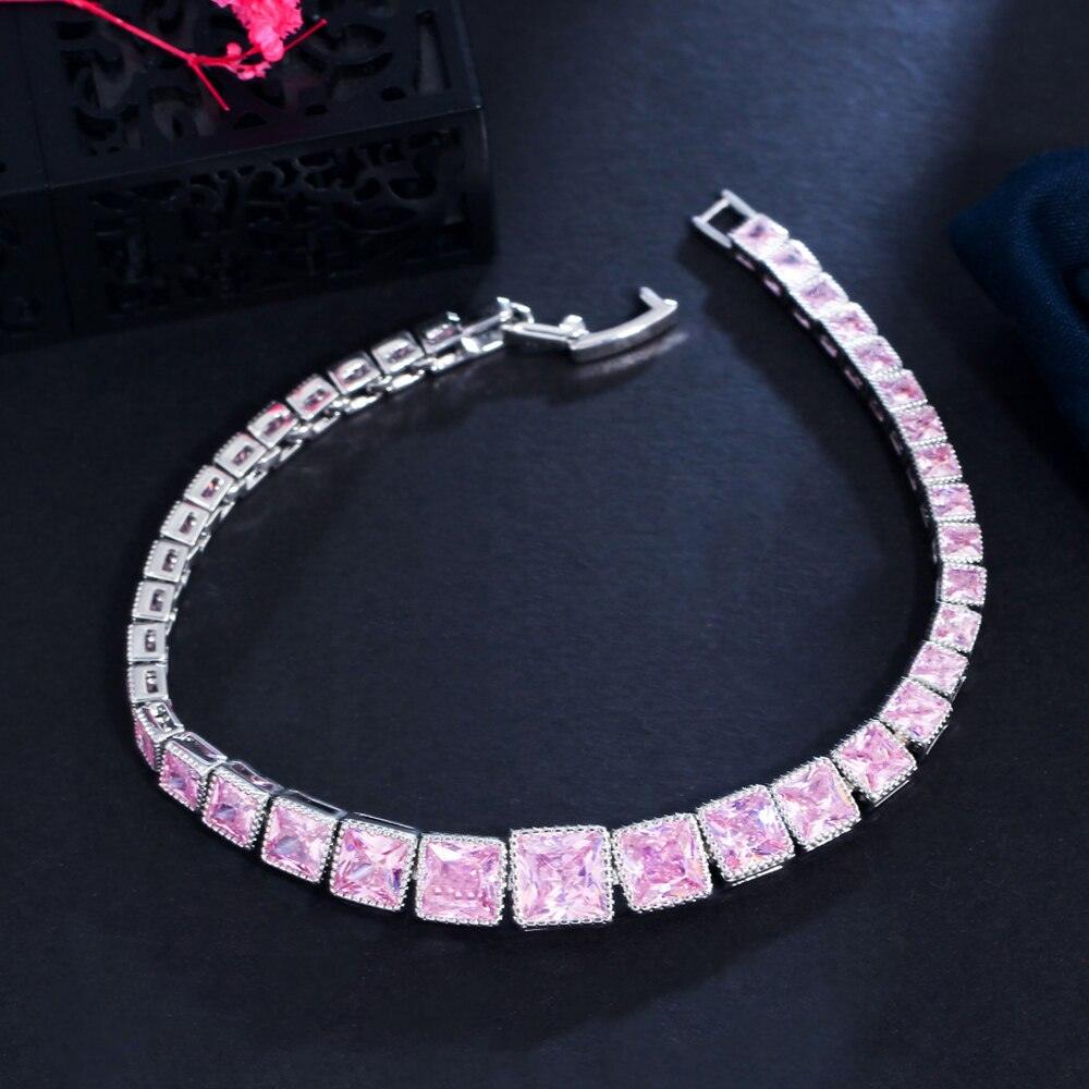 APPEALING AAA+ Zircon Diamonds Classic Tennis Bracelet - Silver Plated Elegant Square Pink Bracelets for Women - The Jewellery Supermarket