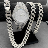 Luxury Hip Hop Iced Out Necklace Bracelet Miami Cuban Chain Simulated Diamonds Gold Colour Watches