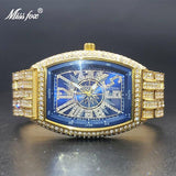Top Brand Luxury Iced Out Sparkly Simulated Diamonds Tonneau Style Hip Hop Male Quartz Gold Colour Watches