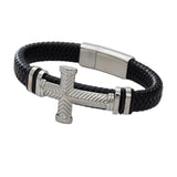 Fashion Creative Cross Metal Magnetic Clasp Bracelet. Charming Leather Braided Bracelet - Christian Jewellery - The Jewellery Supermarket