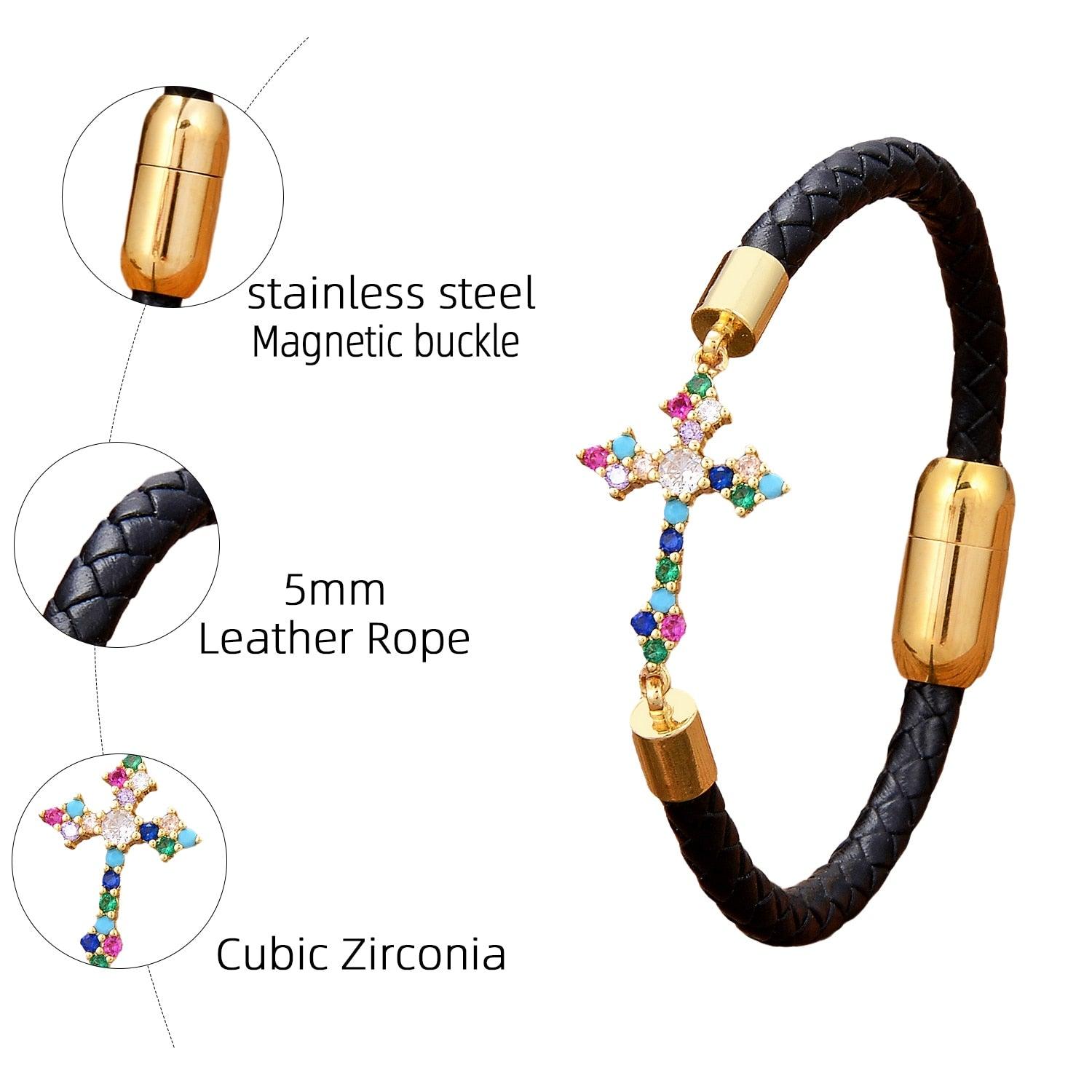 Trendy Classic Leather Rope Zircon Crystals Cross Bracelet Charming Bracelets - Christian Design Jewellery - The Jewellery Supermarket