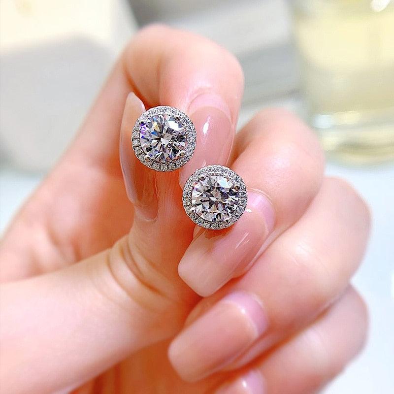 ♥︎ High Quality Moissanite Diamonds ♥︎ Platinum Plating Sterling Silver Diamond Halo Stud Earrings for Women - The Jewellery Supermarket