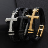 Fashion Creative Cross Metal Magnetic Clasp Bracelet. Charming Leather Braided Bracelet - Christian Jewellery - The Jewellery Supermarket