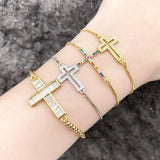 New Cubic Zirconia Crystals Sideways Jesus Cross Adjustable Gold Plated Bracelet with Cross Religious Jewellery