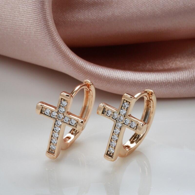 New Unique Cross Earrings 585 Rose Gold Natural Zircon Dangle Earrings - Creative Religious Fashion Jewellery - The Jewellery Supermarket