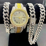 Amazing 3PCS Full Iced Out Men's Cuban Link Chain Bracelet Necklace Bling Gold Chain Hip Hop Watch Set - The Jewellery Supermarket