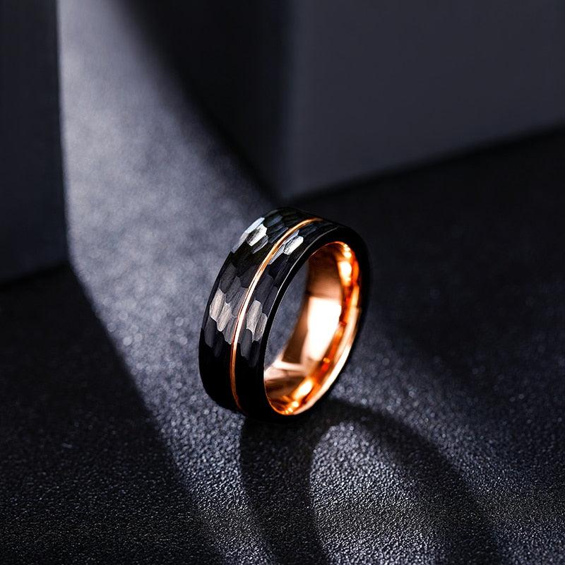 NEW Hammered Pattern Groove Tungsten Carbide Diamond Black Gold Color Ring - Wedding Luxury Ring - The Jewellery Supermarket