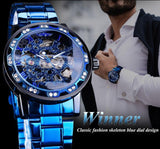 New Top Brand Luxury Transparent Diamond Mechanical Blue Stainless Steel Skeleton Business Fashion Mens Watches - The Jewellery Supermarket