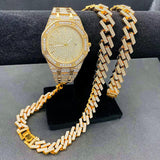 Luxury Hip Hop Iced Out Necklace Bracelet Miami Cuban Chain Simulated Diamonds Gold Colour Watches - The Jewellery Supermarket