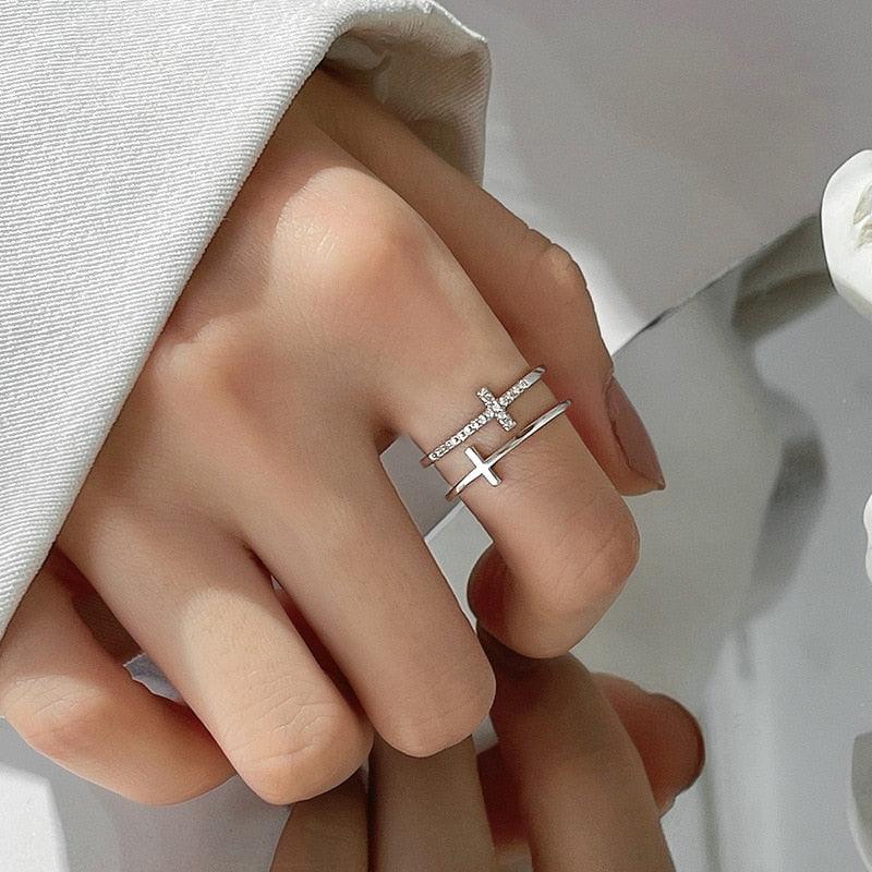 Lovely Silver Color Double Cross Flashing Zircon Crystals Open Rings for Women - Religious Fashion Jewellery - The Jewellery Supermarket
